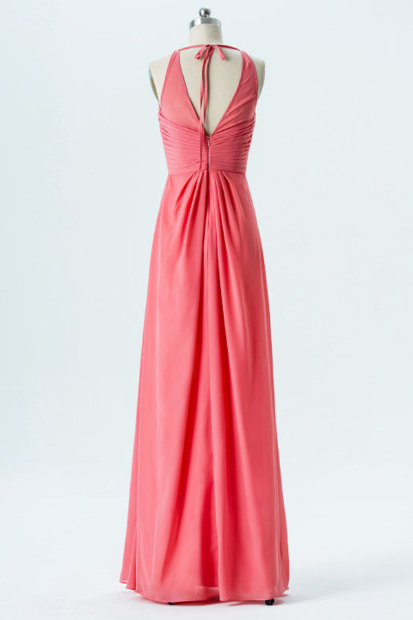 Coral Halter Pleated Chiffon Bridesmaid Dress