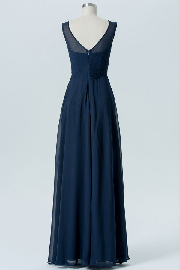 Chiffon Navy Blue Crew Neck Bridesmaid Dress