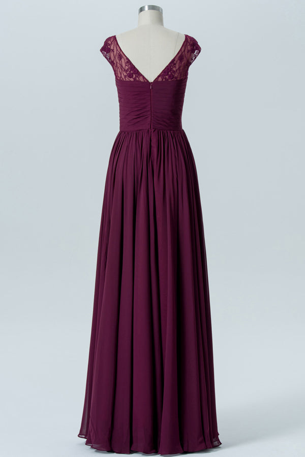 Lace V-Back Burgundy Pleated Bridesmaid Dress