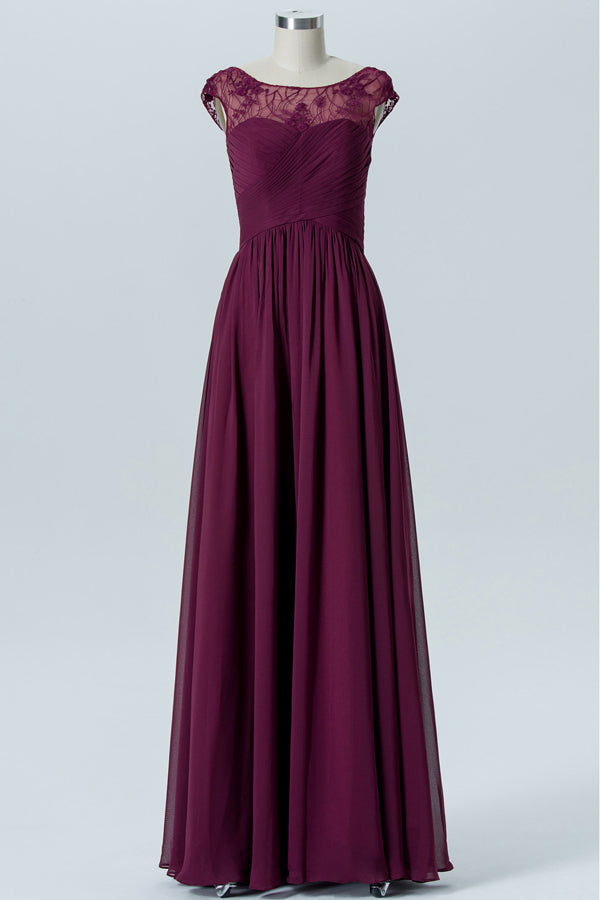 Lace V-Back Burgundy Pleated Bridesmaid Dress