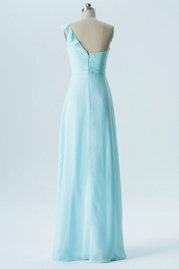 Mint Blue One Shoulder Bridesmaid Dress with Ruffles
