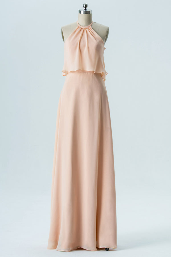 Boho Chiffon Peach Halter Long Birdesmaid Dress