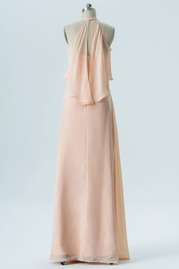 Boho Chiffon Peach Halter Long Birdesmaid Dress