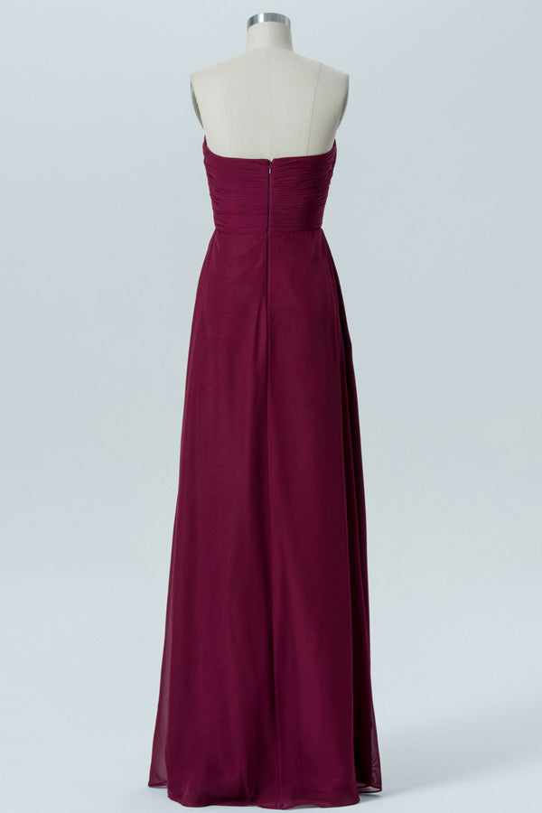 Strapless Pleated Wine Red Ruffle Bridesmaid Dress