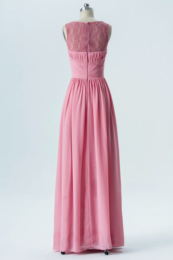 Candy Pink Crew Neck Chiffon Bridesmaid Dress