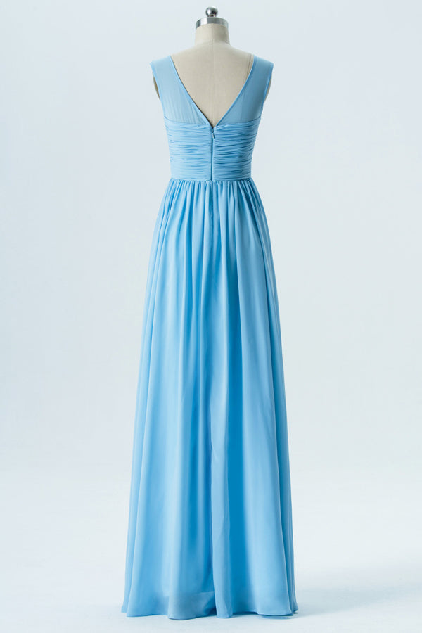 V-Back Sky Blue Pleated Bridesmaid Dress