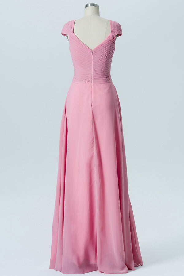 Chiffon Long Candy Pink Bridesmaid Dress with Cap Sleeves
