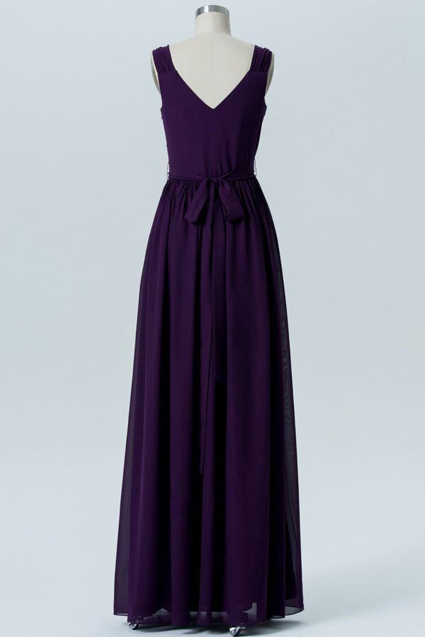 Double V-Neck Grape Long Bridesmaid Dress with Belt