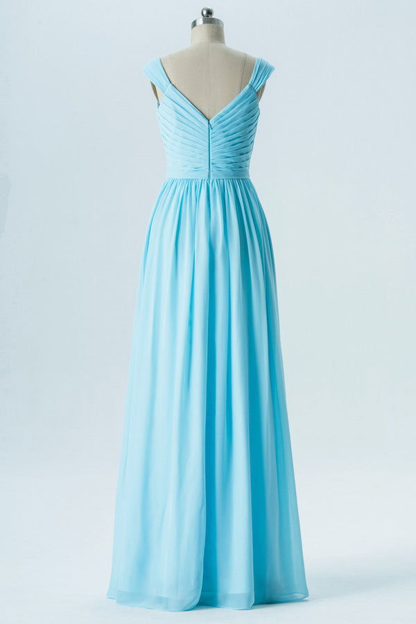 Chiffon Light Blue Wide Straps Long Bridesmaid Dress