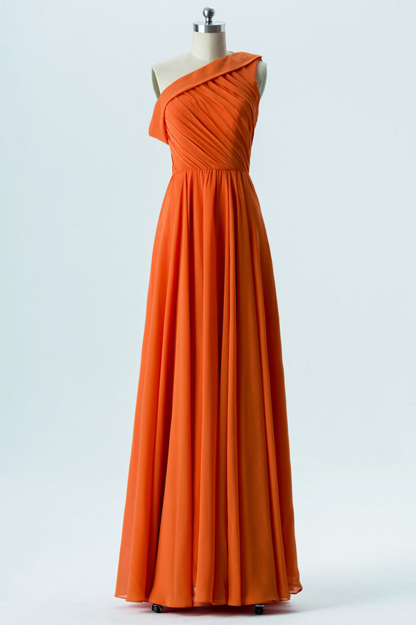 Burnt Orange One Shoulder Pleated Bridesmaid Dress