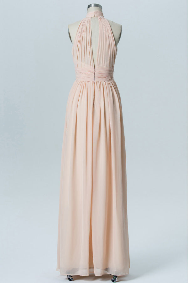 High Neck Peach Key Hole Chiffon Bridesmaid Dress