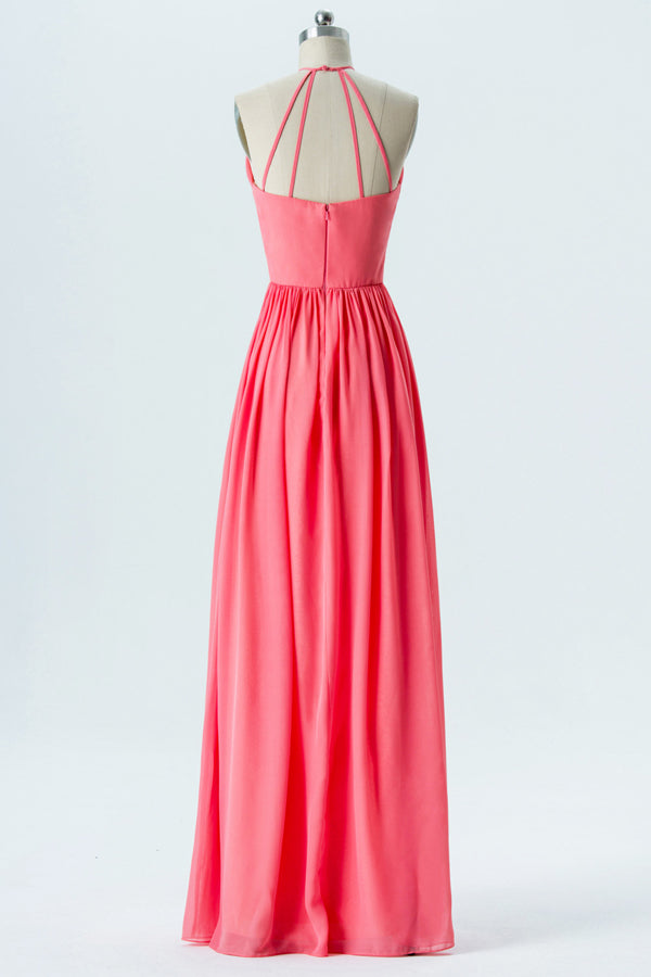 Backless Watermelon Halter Bridesmaid Dress