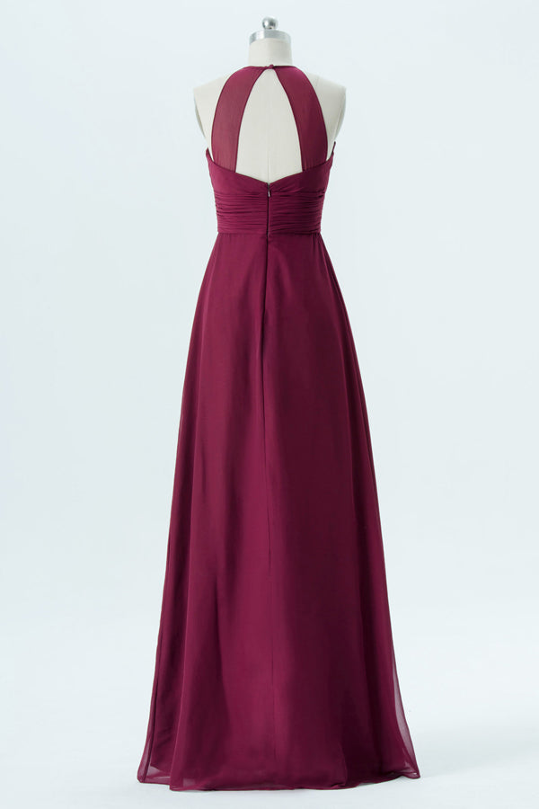 Pleated Cutout Back Wine Red Chiffon Bridesmaid Dress