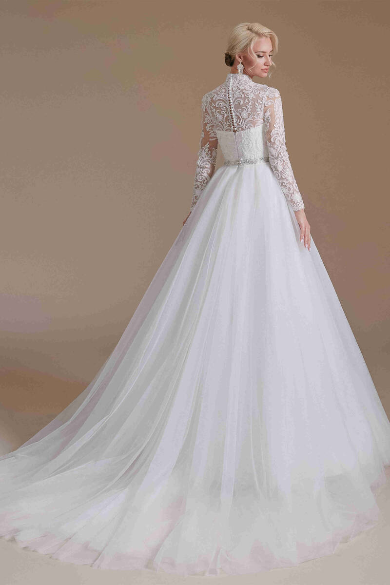 Illusion High Neck White Lace Wedding Dress with Long Sleeves