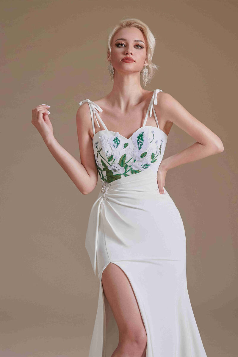 Mermaid Tie Shoulder Embroidery Wedding Dress with Slit