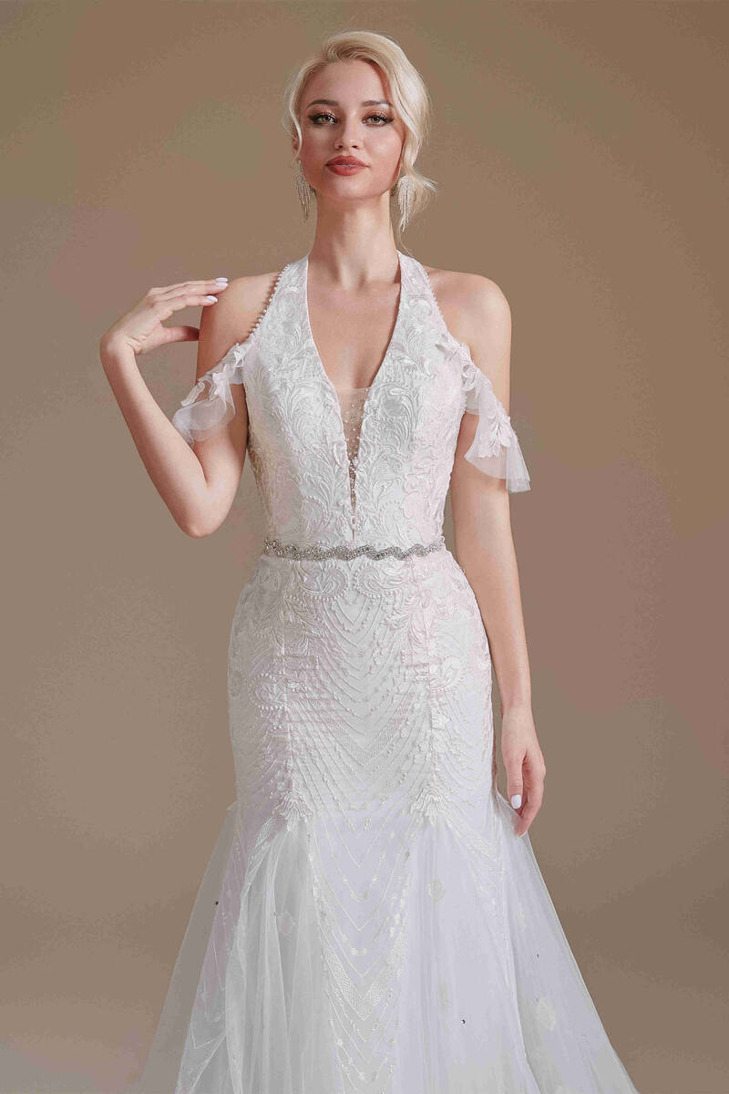 Halter White Lace Mermaid Wedding Dress with Detachable Sleeves