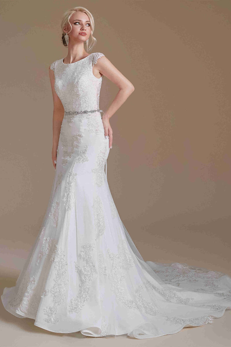 Crew Neck White Lace Long Wedding Dress with Cap Sleeves