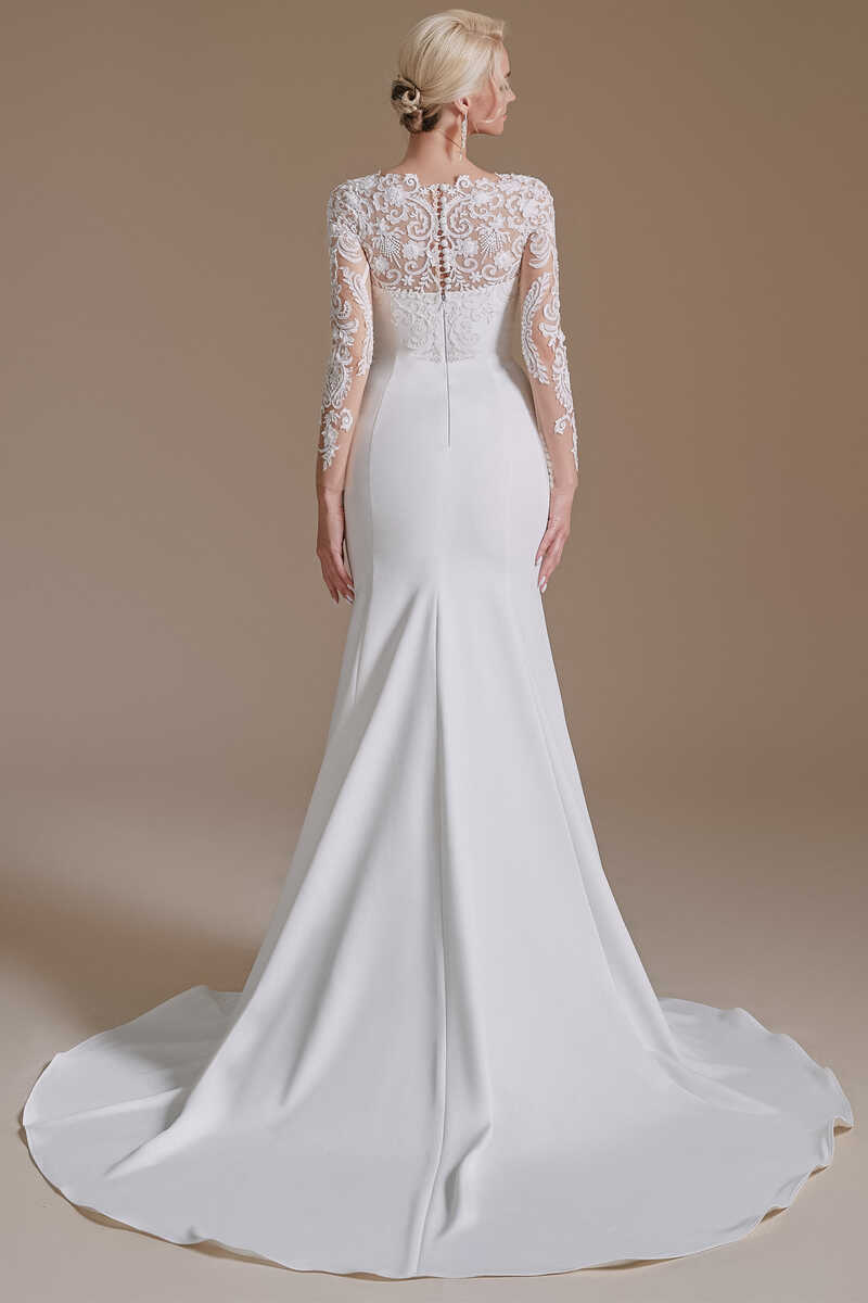 Lace Crew Neck White Mermaid Wedding Dress with Long Sleeves