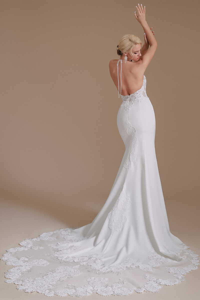 Plunging Halter White Lace Mermaid Wedding Dress