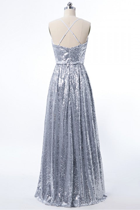 Criss Cross Back Silver Sequins Bridesmaid Dress