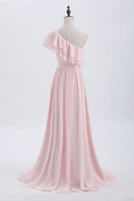 One Shoulder Ruffles Pink Bridesmaid Dress