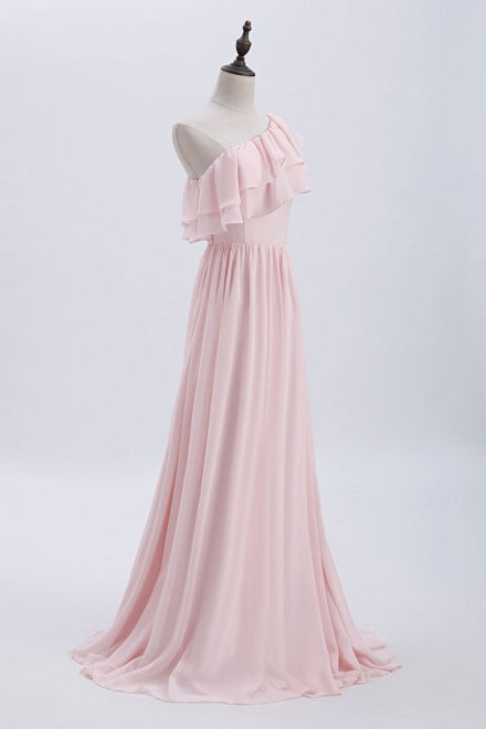 One Shoulder Ruffles Pink Bridesmaid Dress