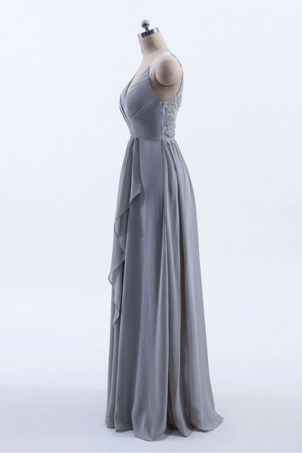 V-Neck Grey Long Bridesmaid Dress with Appliques