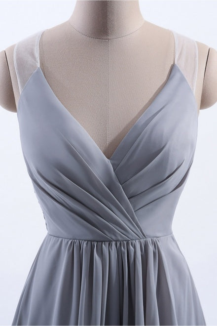 V-Neck Grey Long Bridesmaid Dress with Appliques
