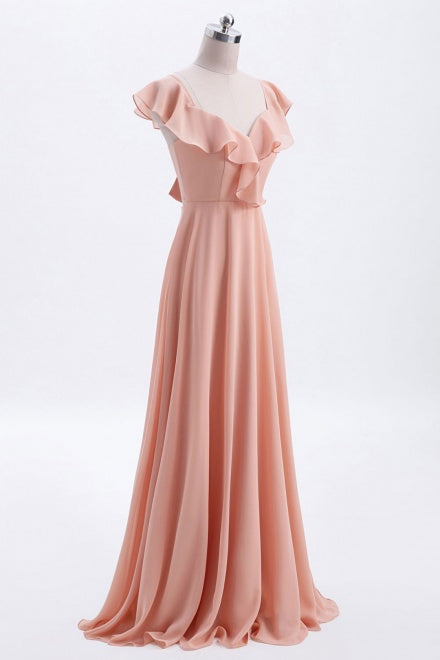 Light Coral Tie Back Chiffon Bridesmaid Dress with Ruffles