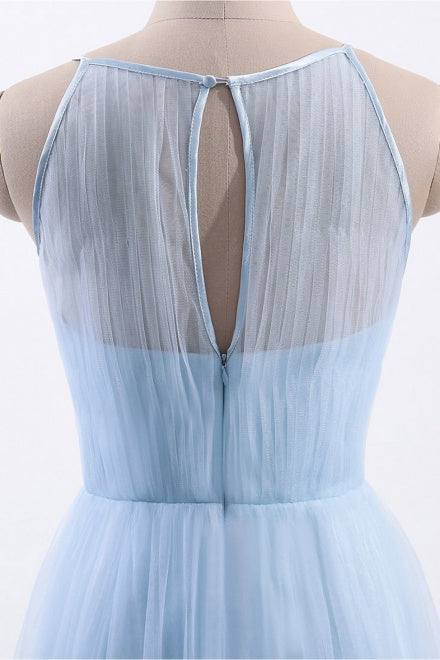 Cut Out Back Ice Blue Lace Bridesmaid Dress