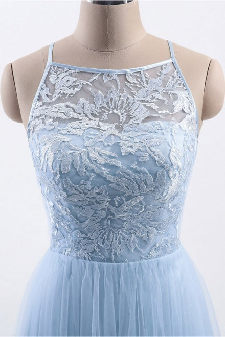 Cut Out Back Ice Blue Lace Bridesmaid Dress