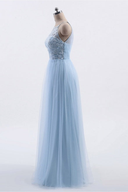 Cut Out Back Ice Blue Lace Bridesmaid Dress