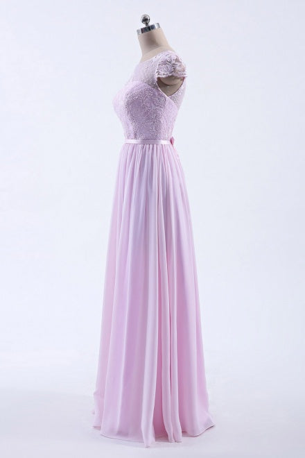 Cap Sleeves Pink Lace Long Prom Dress