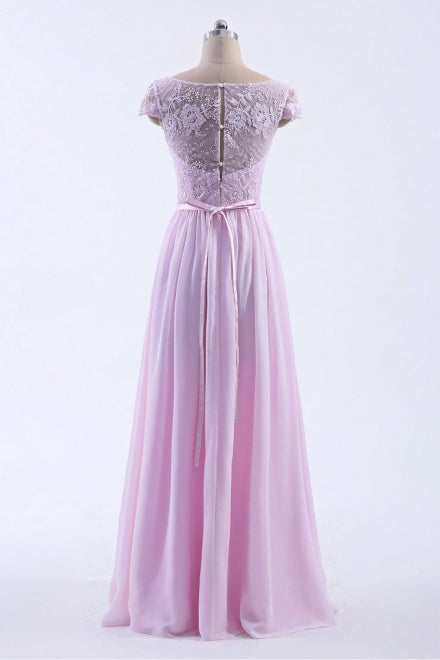 Cap Sleeves Pink Lace Long Prom Dress