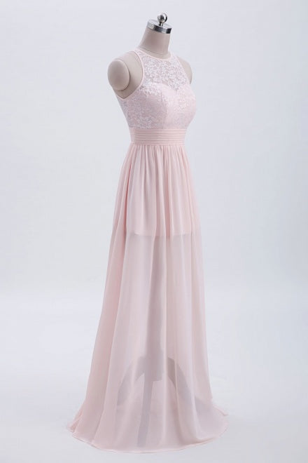 Crew Neck Pearl Pink Long Bridesmaid Dress