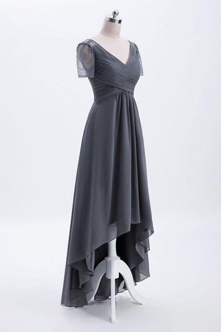 Hi-Low Grey Beaded Bridesmaid Dress with Short Sleeves