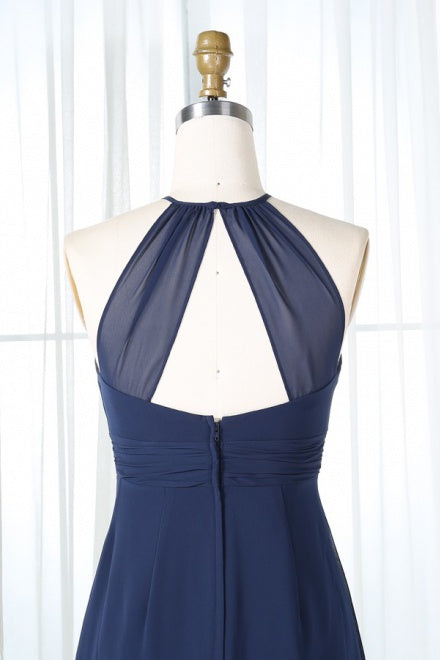 Chiffon Halter Navy Long Bridesmaid Dress