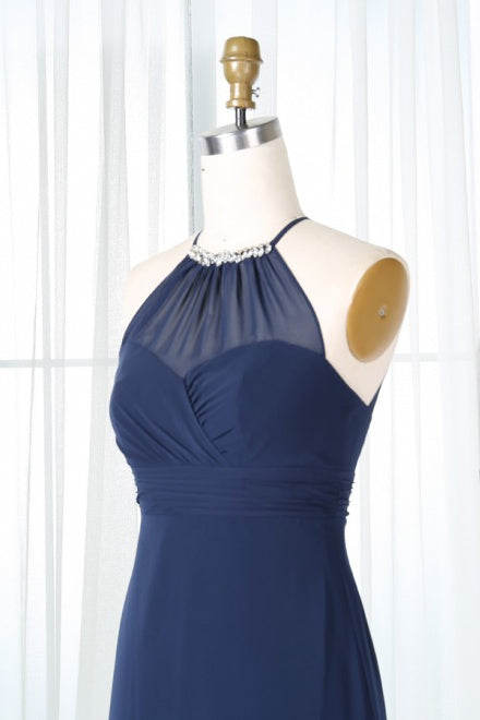 Chiffon Halter Navy Long Bridesmaid Dress