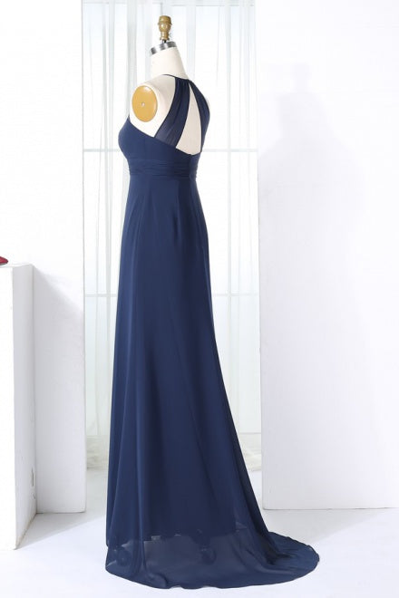 Chiffon Halter Navy Long Bridesmaid Dress