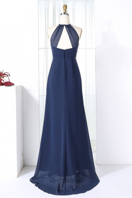 Chiffon Halter Navy Long Bridesmaid Dress