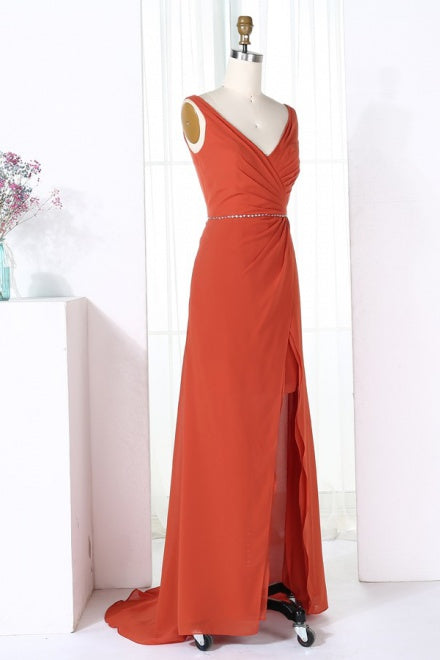 V-Neck Burnt Orange Bridesmaid Dress with Beaded Belt
