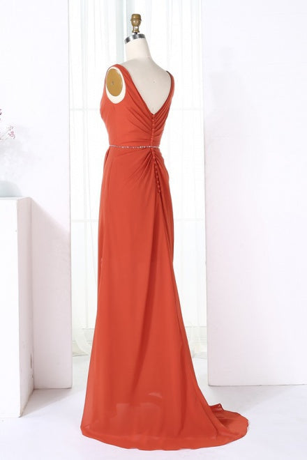 V-Neck Burnt Orange Bridesmaid Dress with Beaded Belt