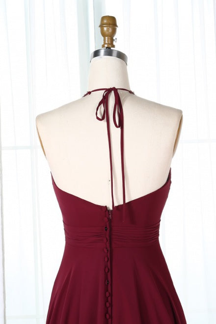 Wine Red Halter Chiffon Bridesmaid Dress with Train