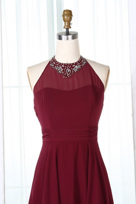 Wine Red Halter Chiffon Bridesmaid Dress with Train