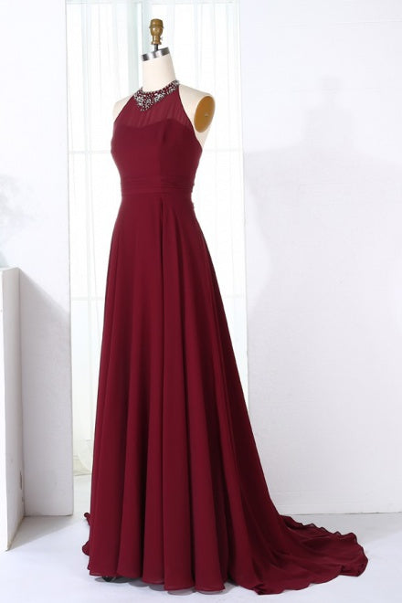Wine Red Halter Chiffon Bridesmaid Dress with Train