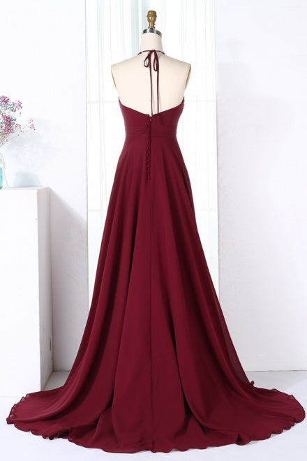 Wine Red Halter Chiffon Bridesmaid Dress with Train