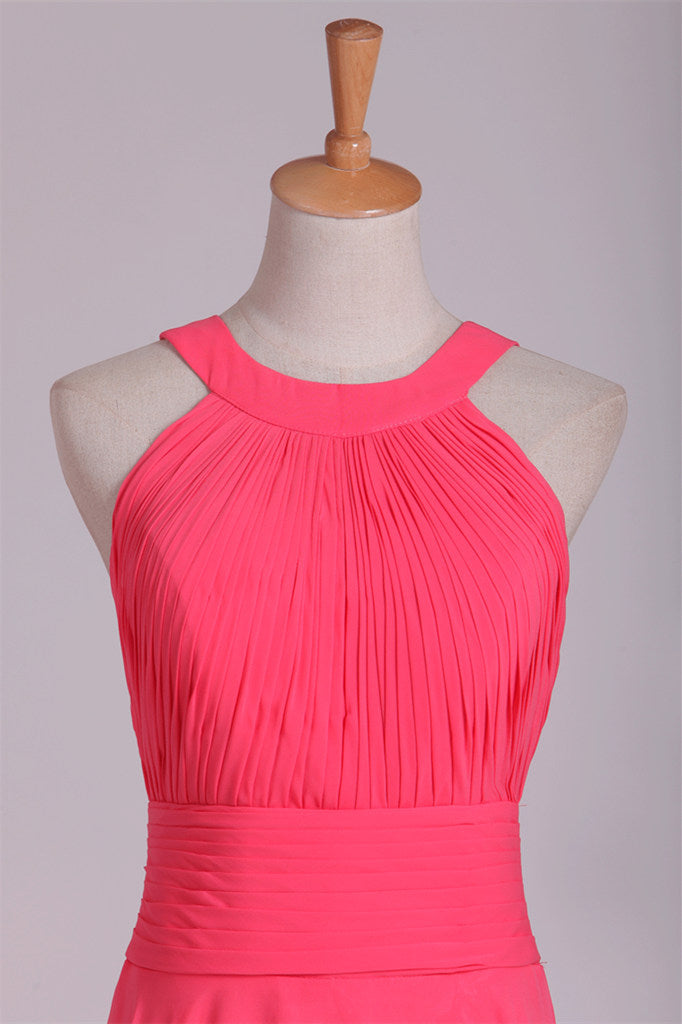 Crew Neck Watermelon Chiffon Long Bridesmaid Dress