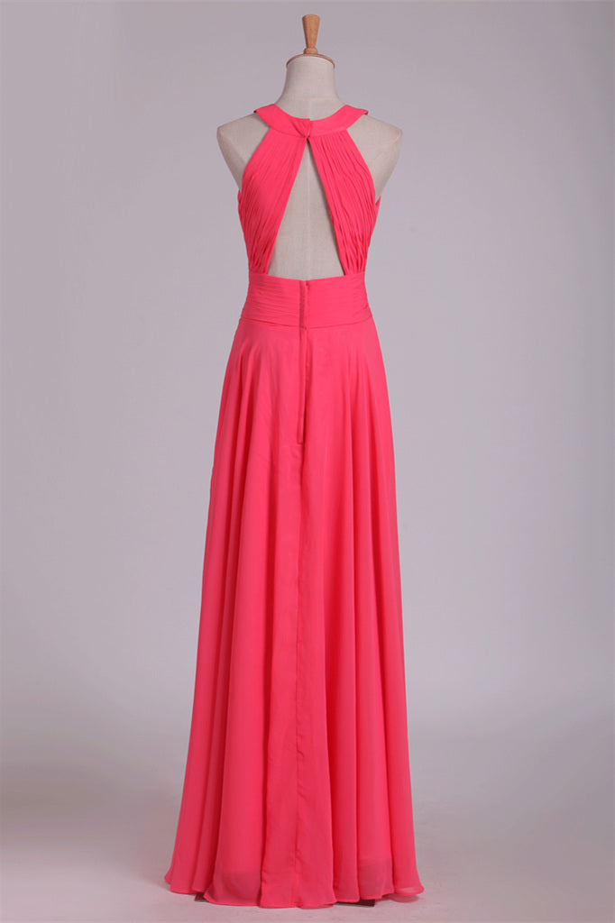 Crew Neck Watermelon Chiffon Long Bridesmaid Dress
