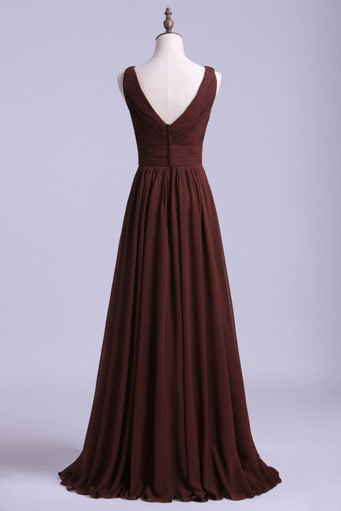 Simple V-Back Brown Long Bridesmaid Dress