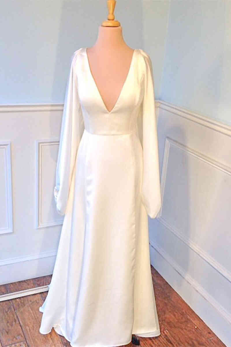 Plunging V-Neck Backless Ivory Wedding Dress with Sleeves